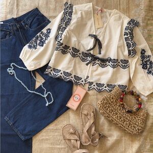 Boho Embroidery Cotton Peasant Blouse Top